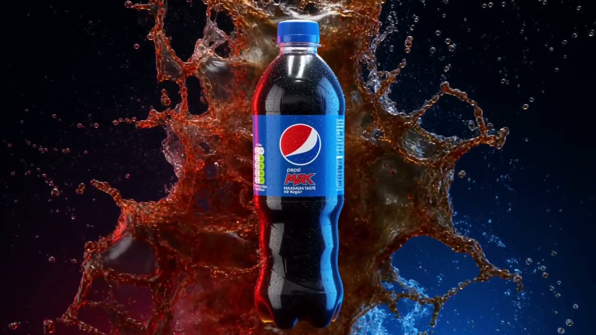 A frame from the unofficial Pepsi Max spec test: a dark cola bottle with a blue cap standing in the middle of a cola splash, lit red on one side and blue on the other.
